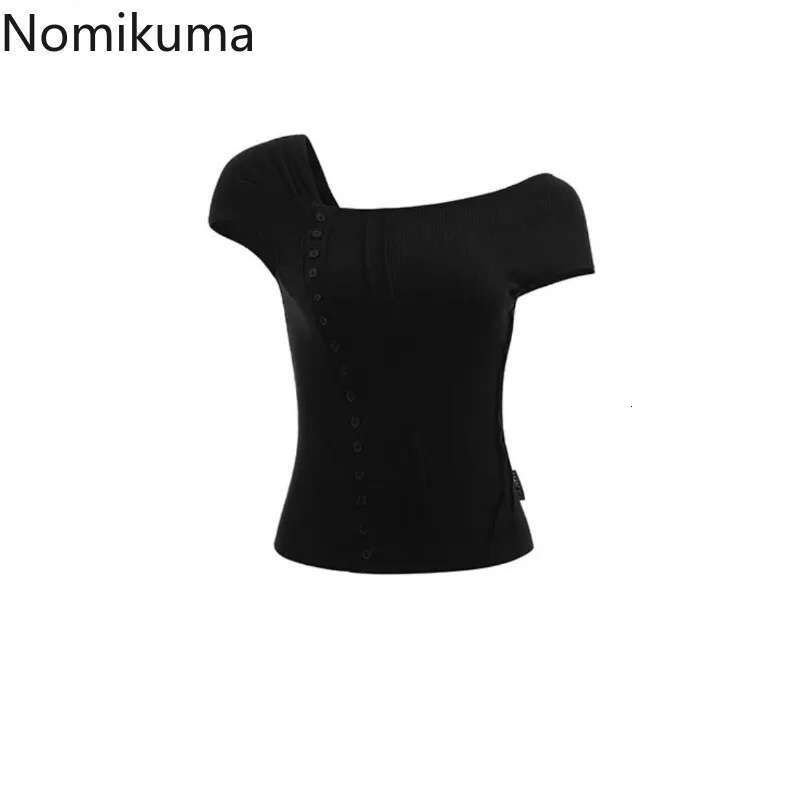 2025 Ropa Mujer Tshirts Women Slash Neck Short Sleeve Tees Crop Tops Fashion Summer T Shirts Single Breasted Black Y2k T-shirt