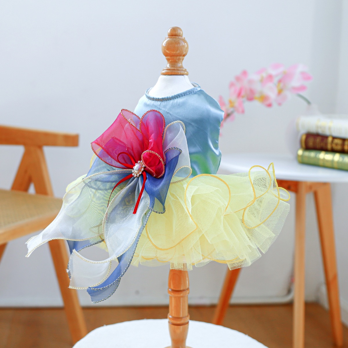 Fancy Dog Dress , Embroidered Dog Wedding Dress, Bow Puppy Clothes for Small pet Girl Multi-Layer Lace Cat Outfit colorful