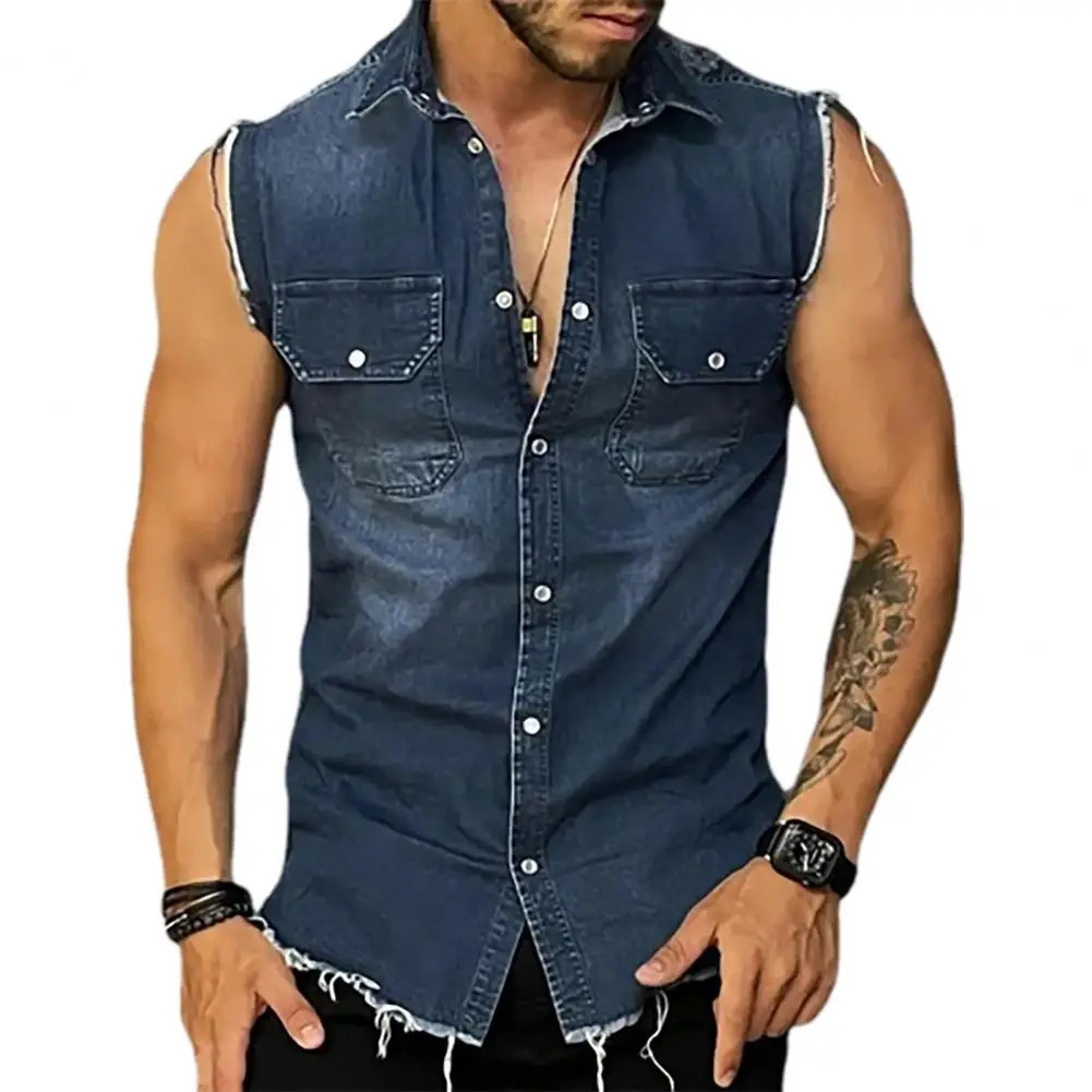 Lapel sleeveless vest jacket single chest lapel pocket tassel mens summer solid color denim shirt street fashion show body muscles 250409