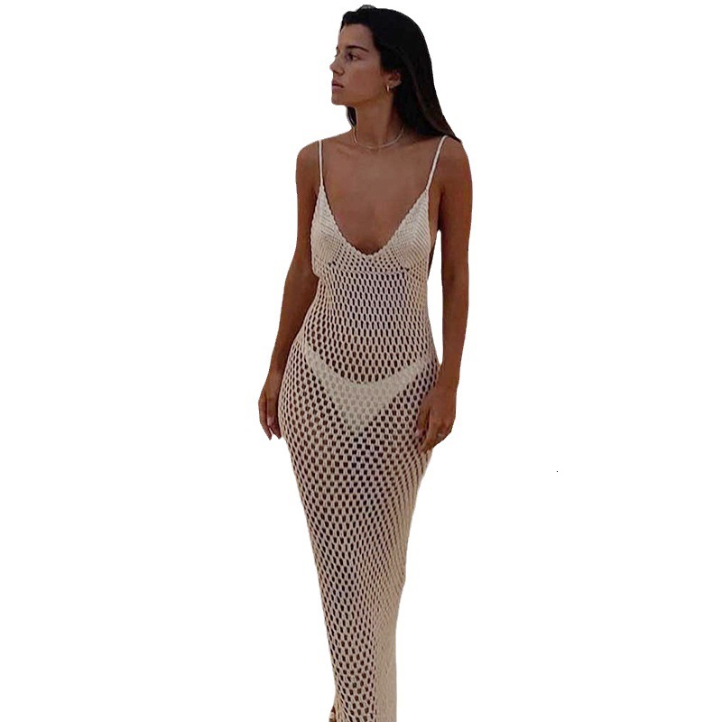 Summer Beach Vacation Skirt Womens V-neck Sleeveless Tank Top Sexy Hollow Knitted Dress