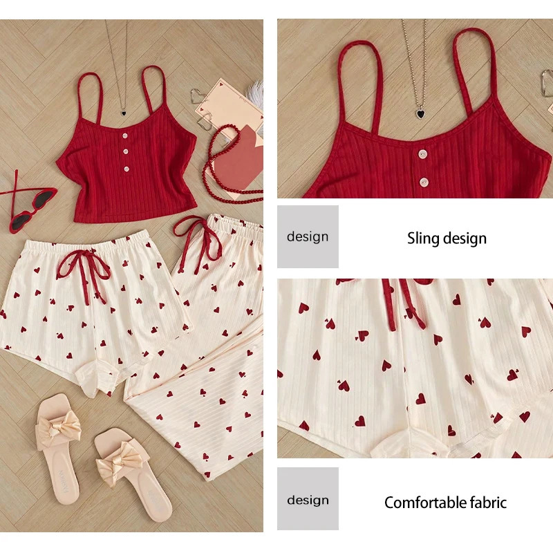 Three piece printed vest shorts and collar drawstring pants casual womens cute heartshaped print with family pajamas set 250409