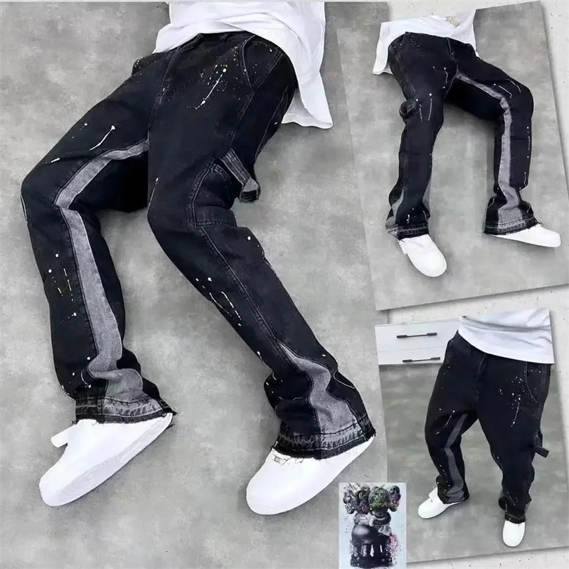 Trendy High Street mens jeans loose fit straight leg casual dress Trouser American style retro Vibe Micro Flare 250408