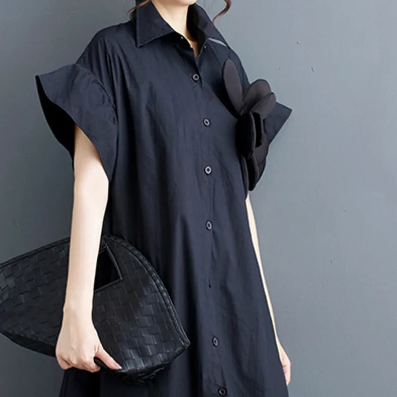Wxw3917 black red asymmetrical shirt womens butterfly sleeves spliced work flower Aline front loose dress 250409