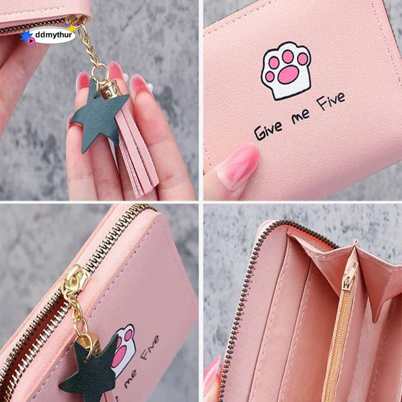 New Women's Fashion Short Casual Student Coin Purse Cute Cartoon Cat Paw Print Tassel Zipper Card Case Designer Wallet ddmythur