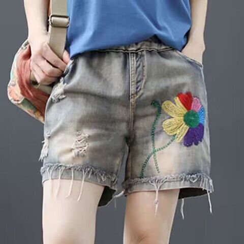 2025S Women S Designer Shorts Summer New Style Artistic Embroidery Loose Hole Embroidered Elastic High Waist Haren Cowboy Shorts For Women Hot Pants B