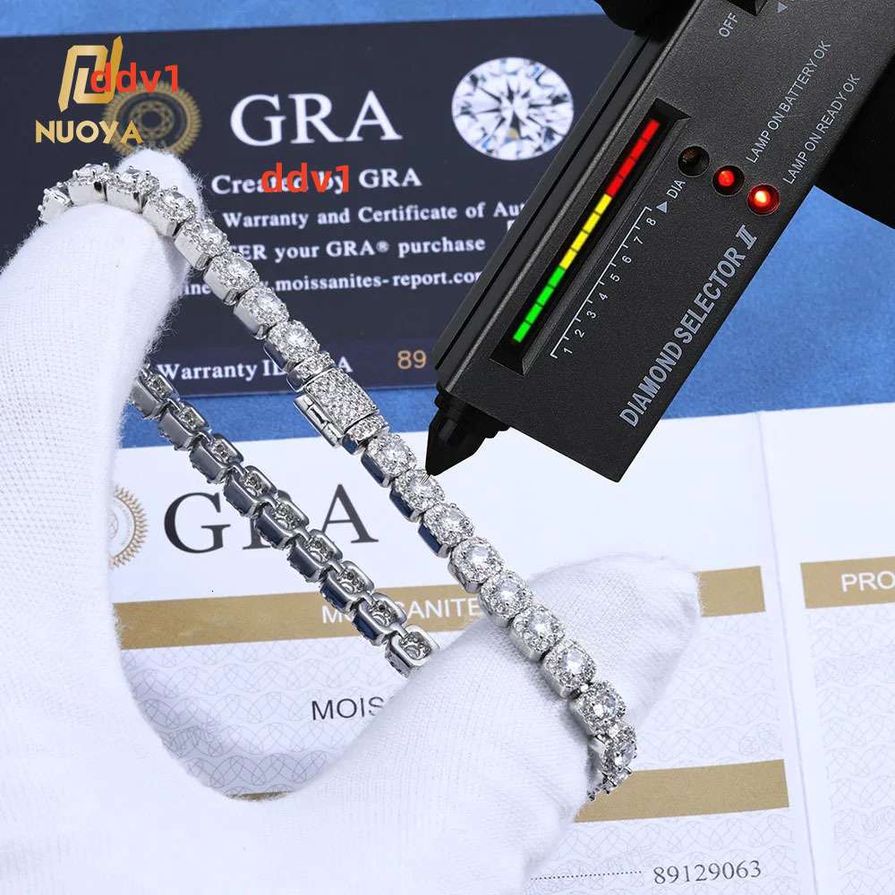 NUOYA High Quality 5mm Tennis Chain 925 Silver Iced Out VVS Moissanite Clustered Design Bling Hip Hop Bracelet Jewelry