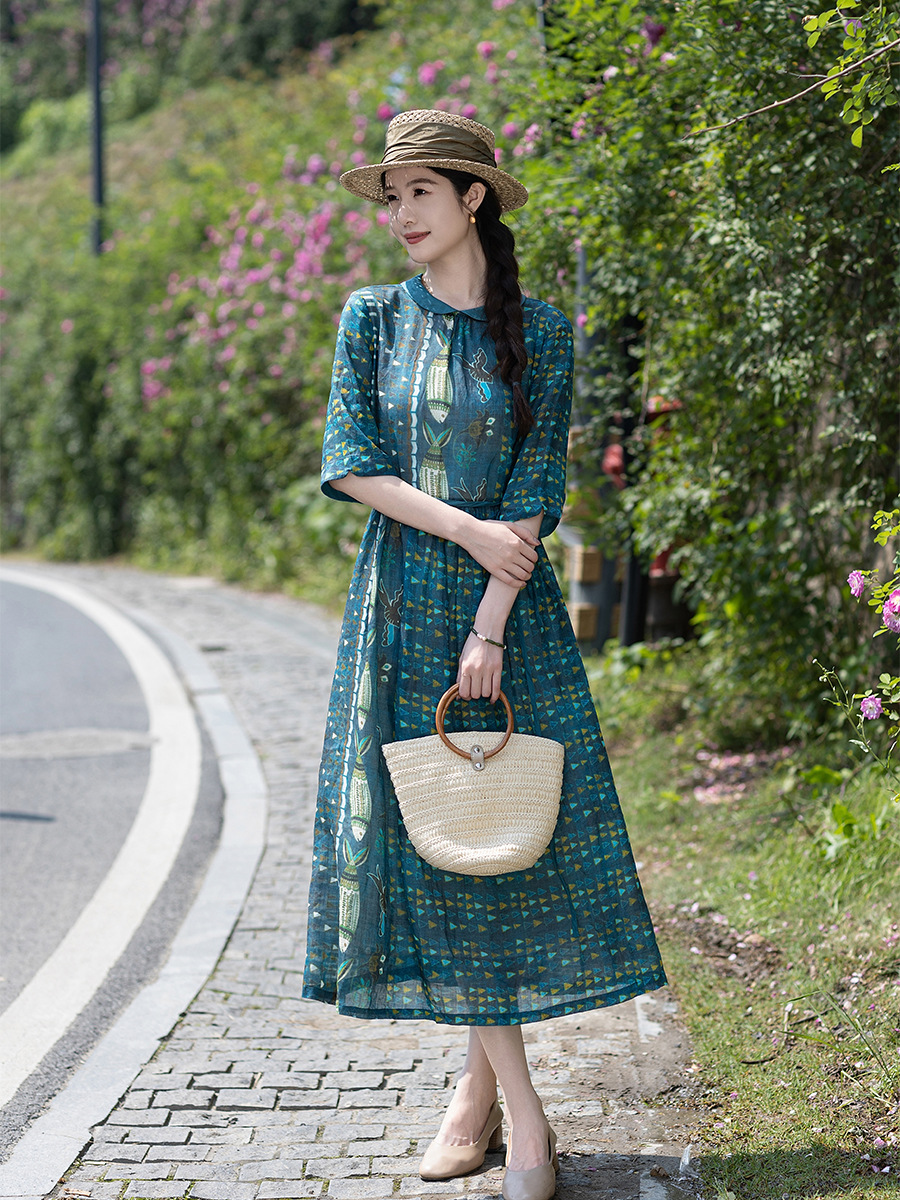 X45Chic Ladies' Ramie Maxi Dress Featuring Unique Literary Printing