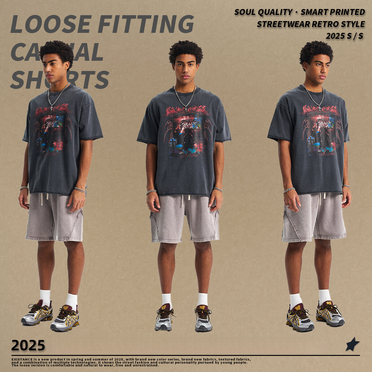 2025 Summer Trendy Brand Wax Printing Used Curled Edge Short sleeved for Men, 275g Water Washed Loose Digital Printed T-shirt