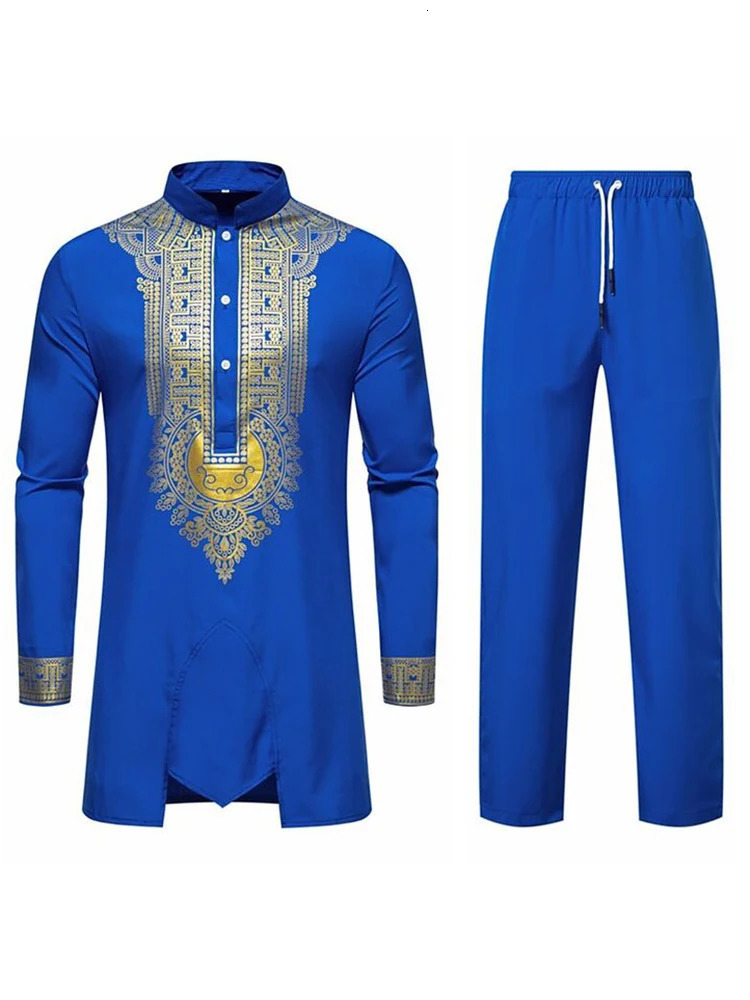 Muslim Robe Navy Blue Long Sleeve Trouser Arab Mens 3D Pattern Printing Black White Yellow 250409