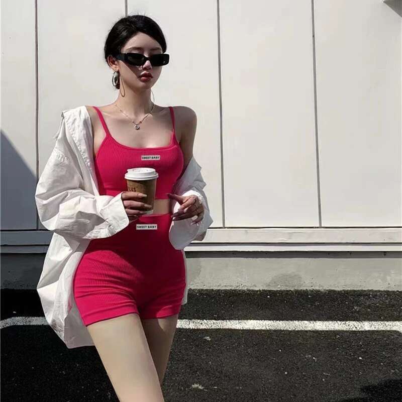 2Pcs Women's Sleeveless Top Sport High Waisted Shorts Korean Sexy Stretch Fabrics