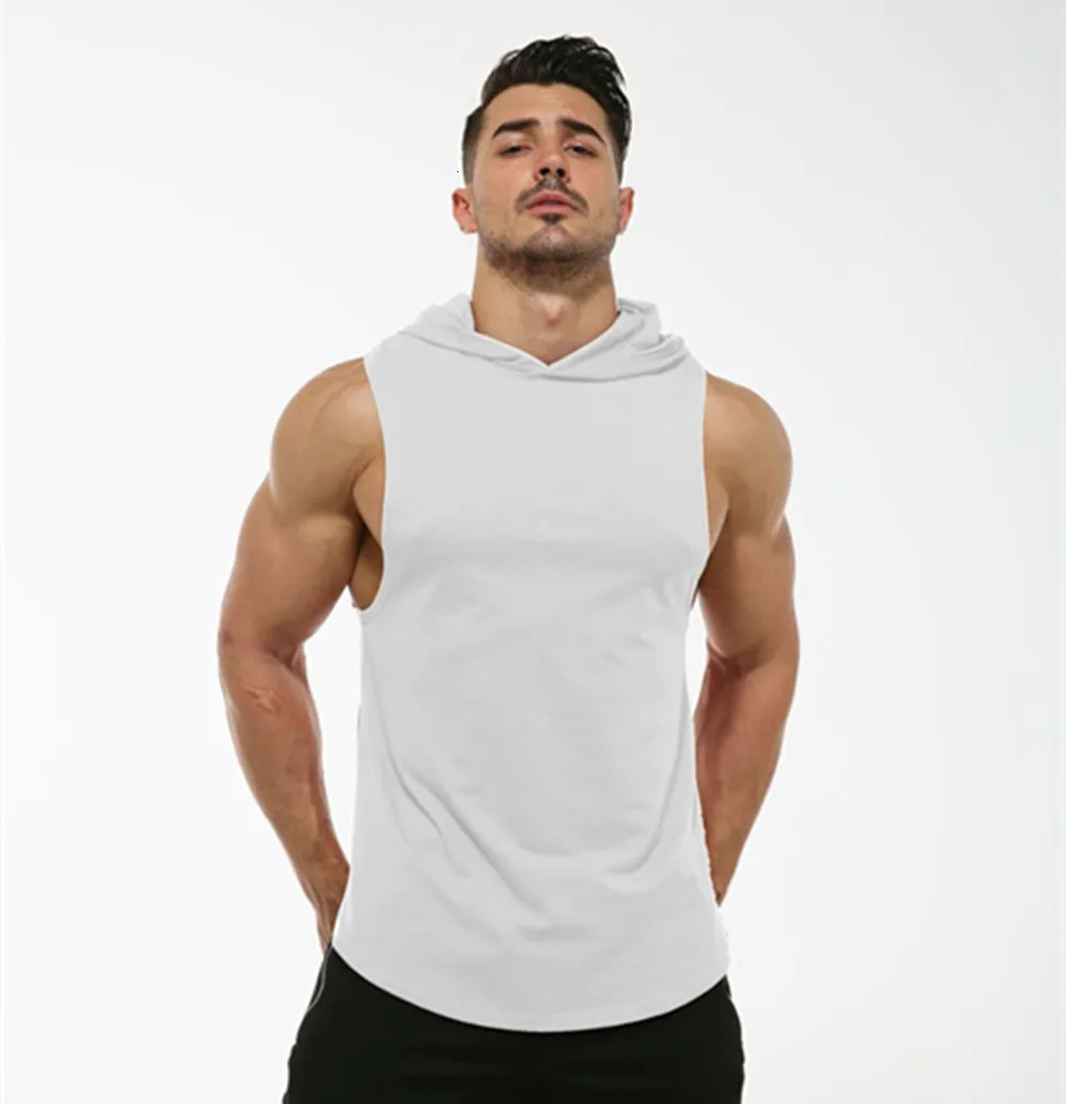 Fitness solid color 100% pure cotton vest mens fitness sports sleeveless hooded sweatshirt exercise Tshirt 250409