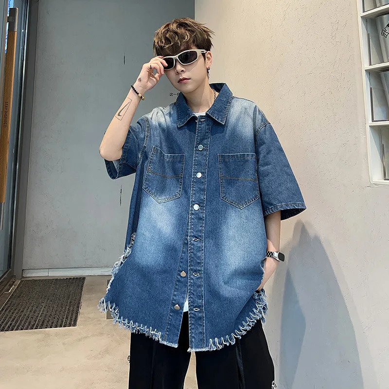 American retro denim short sleeved shirt suitable for summer thin niche shoulder pads versatile loose collage shirt 250408