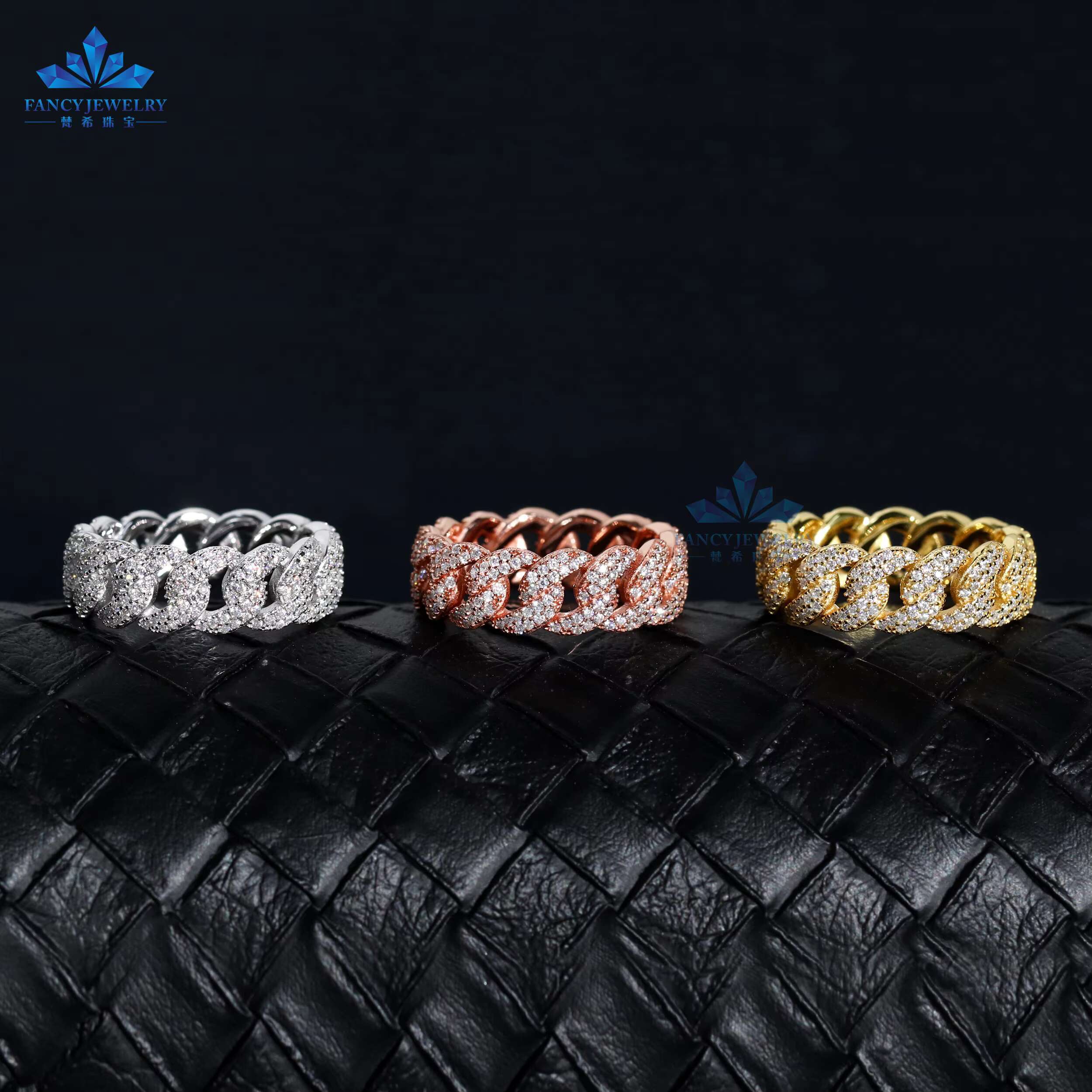 Factory Wholesale Mens 925 Sterling Silver Cuban Link Ring 7mm Wide with VVS Gold Plating Fine Jewelry Moissanite Diamond
