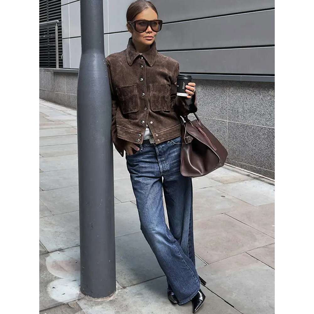 Designer clothing Vintage Brown Suede Women's Jackets Turn Down Collar Long Sleeve Single Breasted Female Pockets Coats 2025 Spring Ladies Outwea