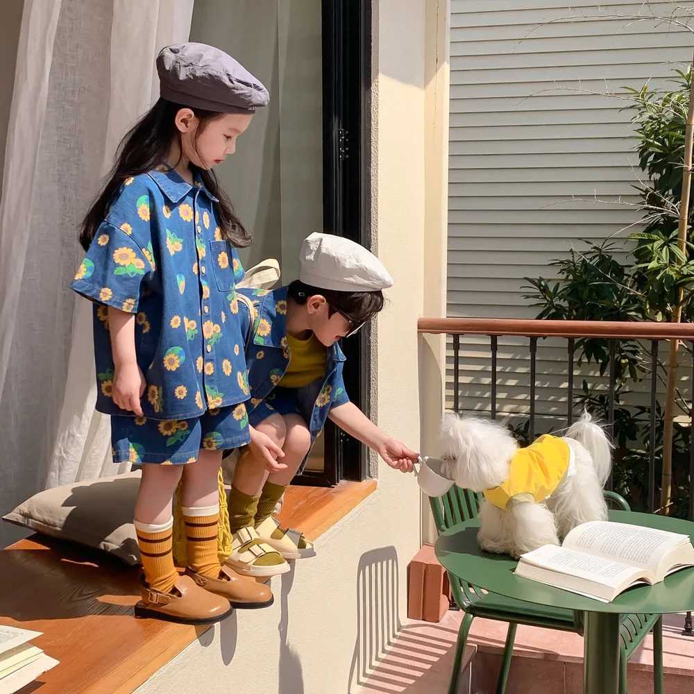 1-7 year girl and boy casual summer printed denim suit baby and children soft denim suit shirt+shorts 2 pieces S2548