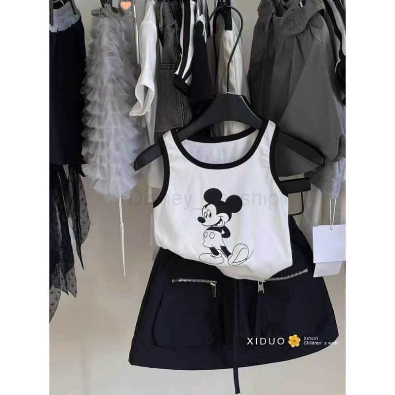Disney Childrens clothing girls summer set new childrens stylish cartoon Mickey color blocked vest zipper pocket workwear half skirtXJ250409