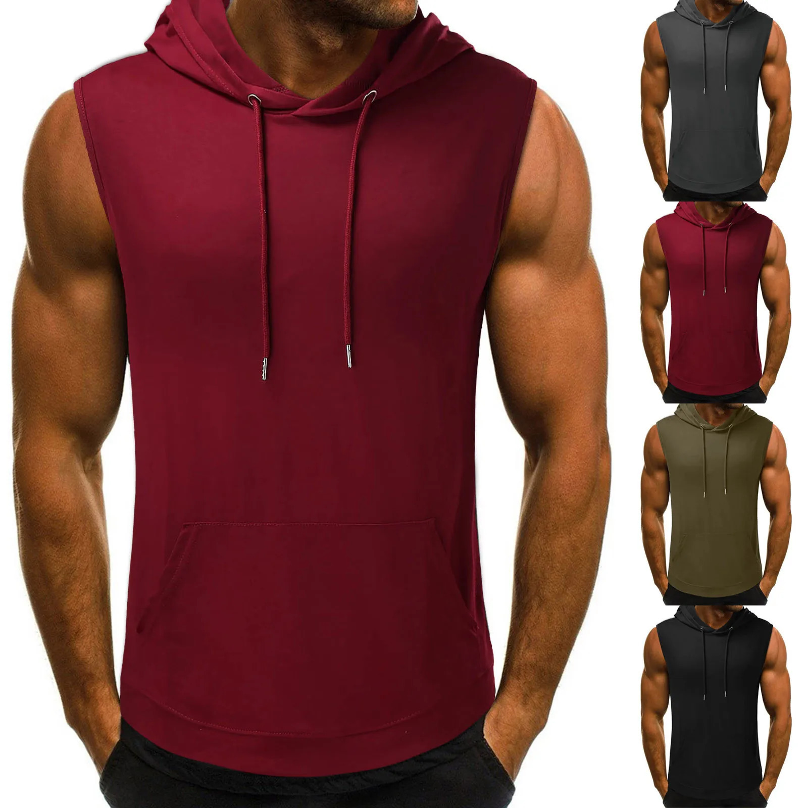 Fitness Clothing Mens Hoods Cotton Sleeveless Vests Sports Shirts Tops 250409