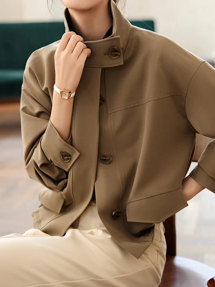 SXXL Camel Frame Collar Jacket Womens Autumn and Winter Casual Long Sleeve Baseball Single Chest Short 250409