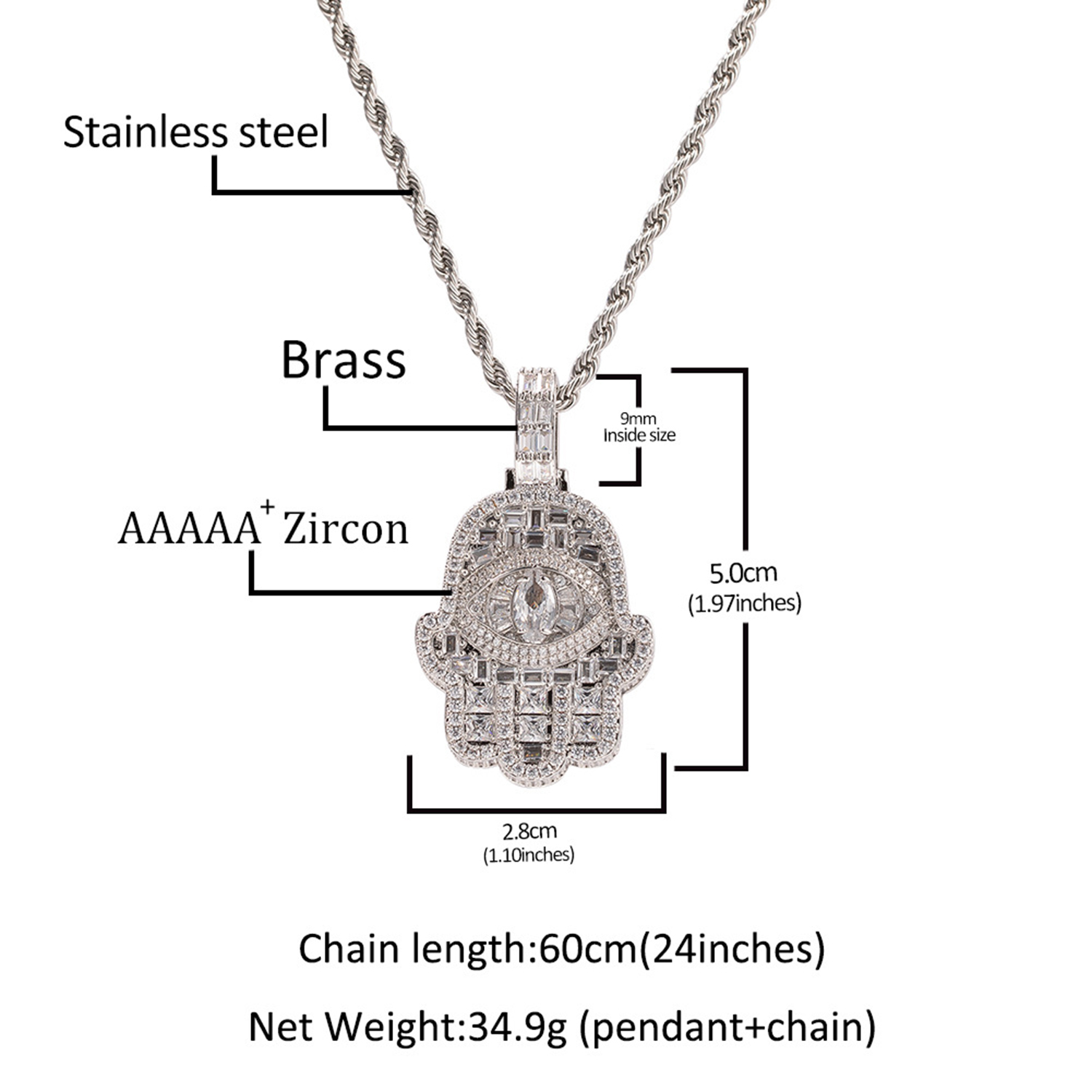 Hip Hop Eye Hand Pendant Necklace 5A Zircon 18k Gold Plated Men Women Jewelry