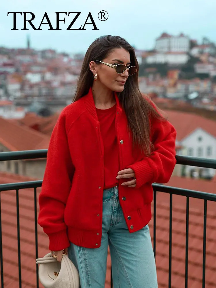 TRAFZA Womens Spring Street Baseball Bomber Jacket Long Sleeve Single Chest Fashionable Unique Casual 250409