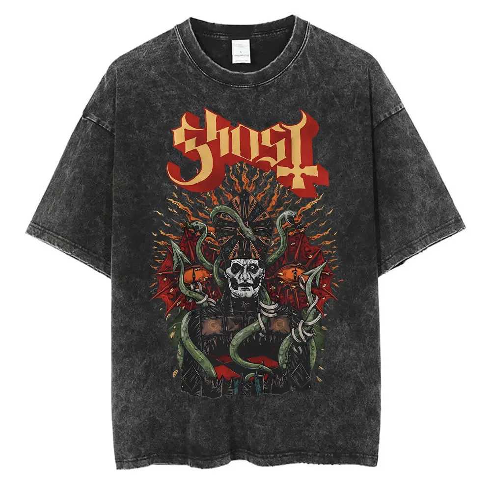 Ghost Band Graphic T-shirt Wash Retro Skeleton Rock Oversized Printed T-shirt Mens 90s Classic Gothic Punk Metal T-shirtXJ250409