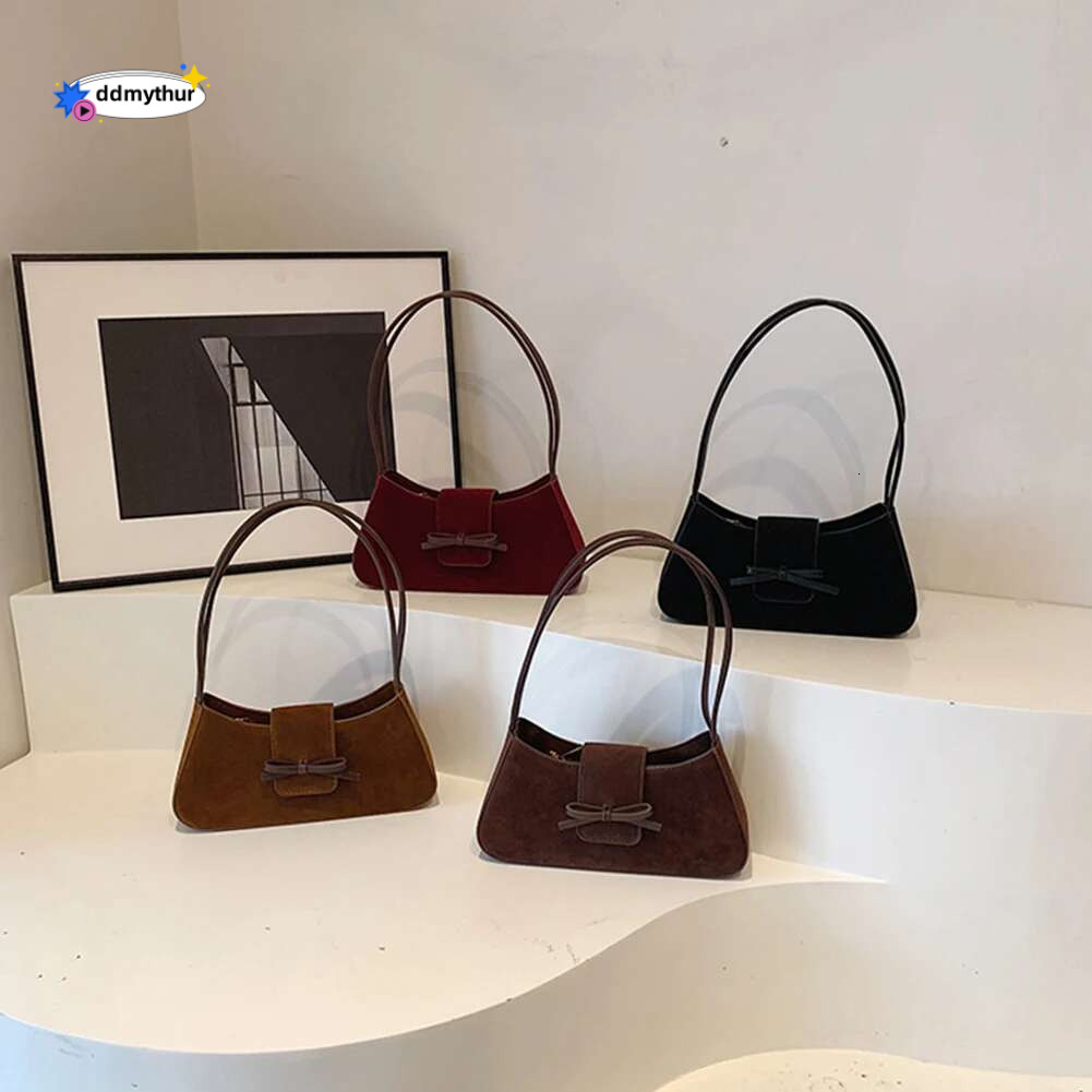 Shoulder Bag Women Trendy Handbag with Zipper Bow Suede Solid Clutch Purse for Work Travel ddmythur