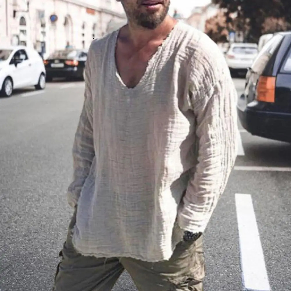 Men V-neck Long Sleeve Shirt Tops Burr Edge Pleated Loose Thin Pullover Tops Streetwear Spring Autumn Casual Handsome Men Shirts 250408