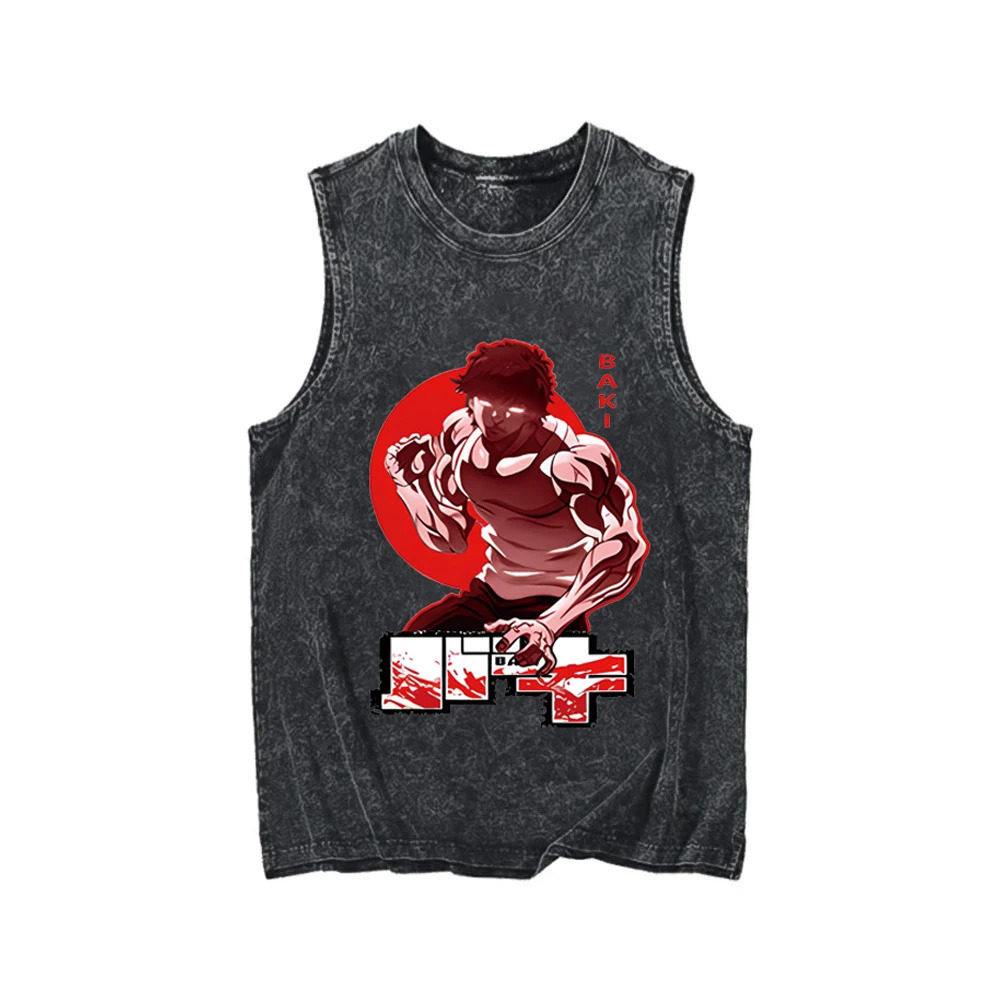 Baki Hanma Anime Graphic Print Vest for Men Gym Tank Tops Vintage Retro Washed Cotton Tees Summer Casual Black Sleeveless Tops 250408