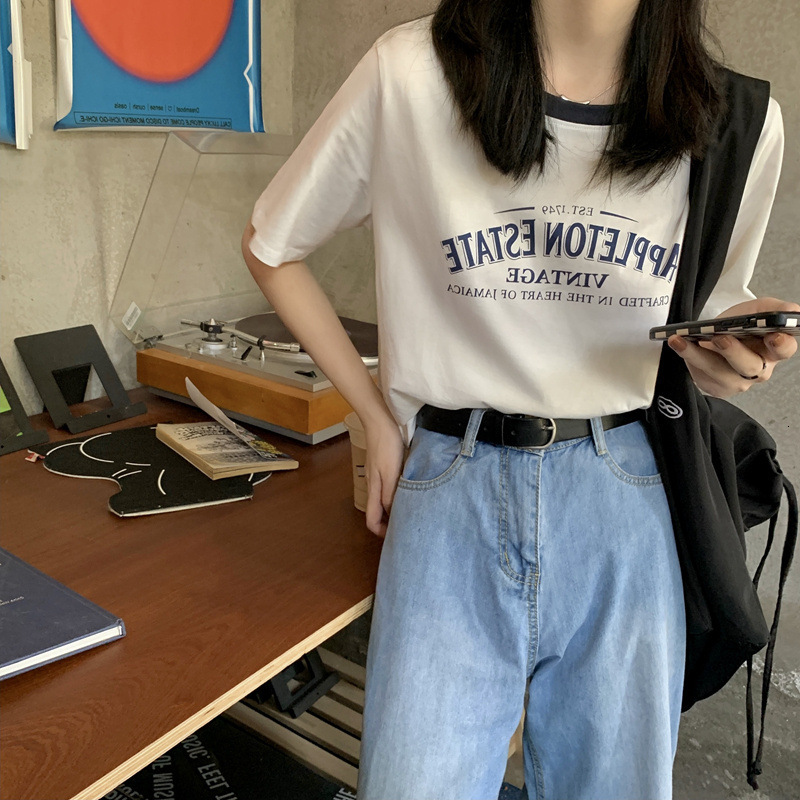 2025S Designer Women S T Shirt American Contrasting Round Neck Sleeved T Shirt For Women S Summer Letter Print Loose Short Student Top Ins
