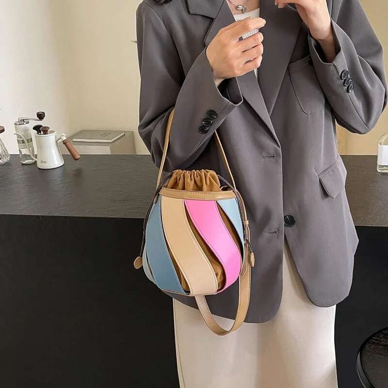 Vintage Draw String Women 2024 New Barrel Type Handbag Satchel Rainbow Design Crossbody Bag Lady Shoulder Bags Purse