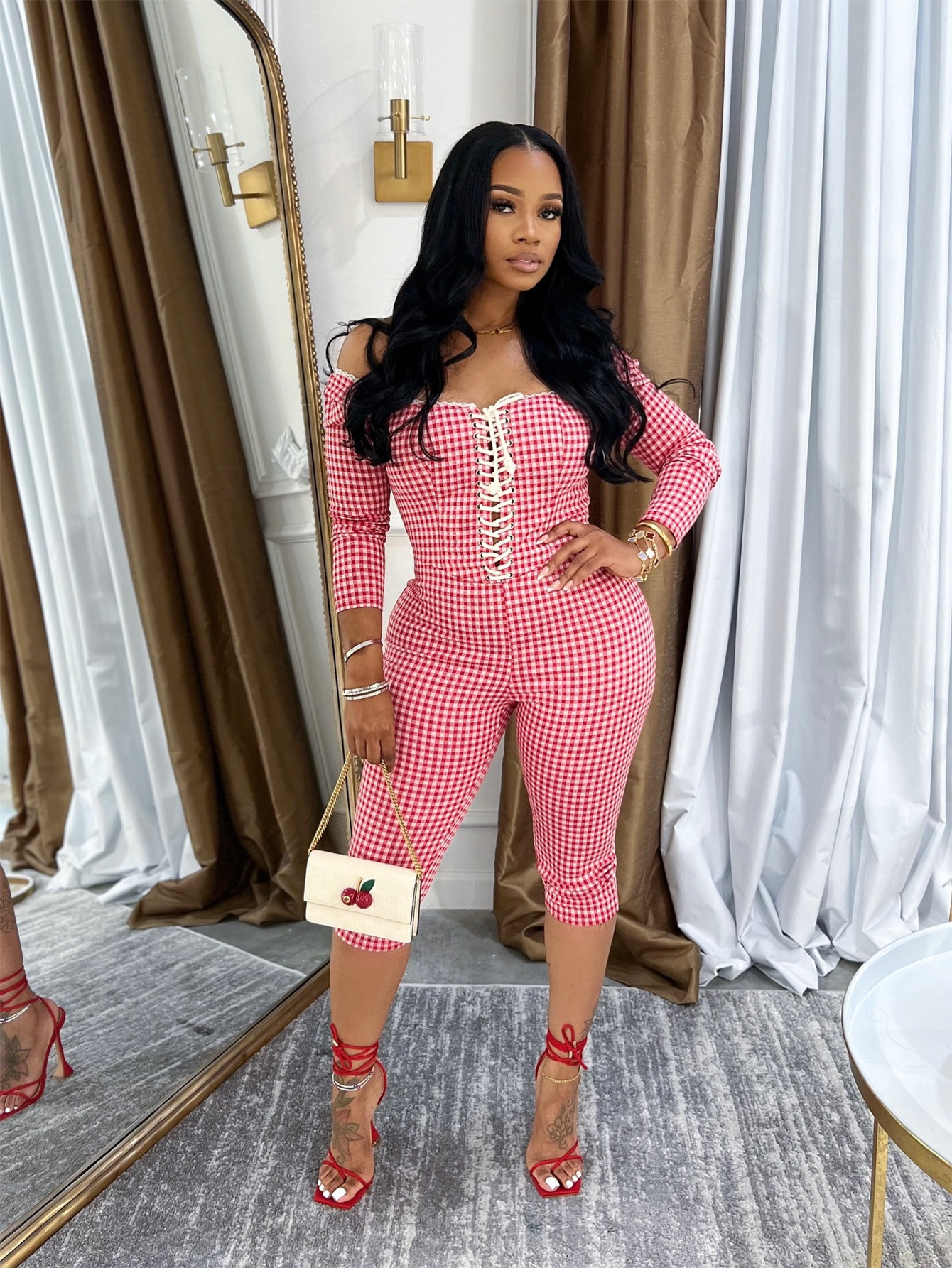 2025S Designer Women S Set New Fashionable Checkered Printed Lace Up Slimming Top With Hip Wrapping Minute Pants Set