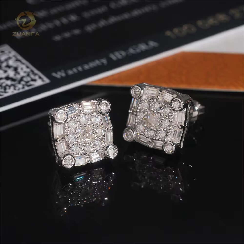 Fashion New Design Square Shape Iced Out Hip Hop 925 Silver Diamond Moissanite Earrings