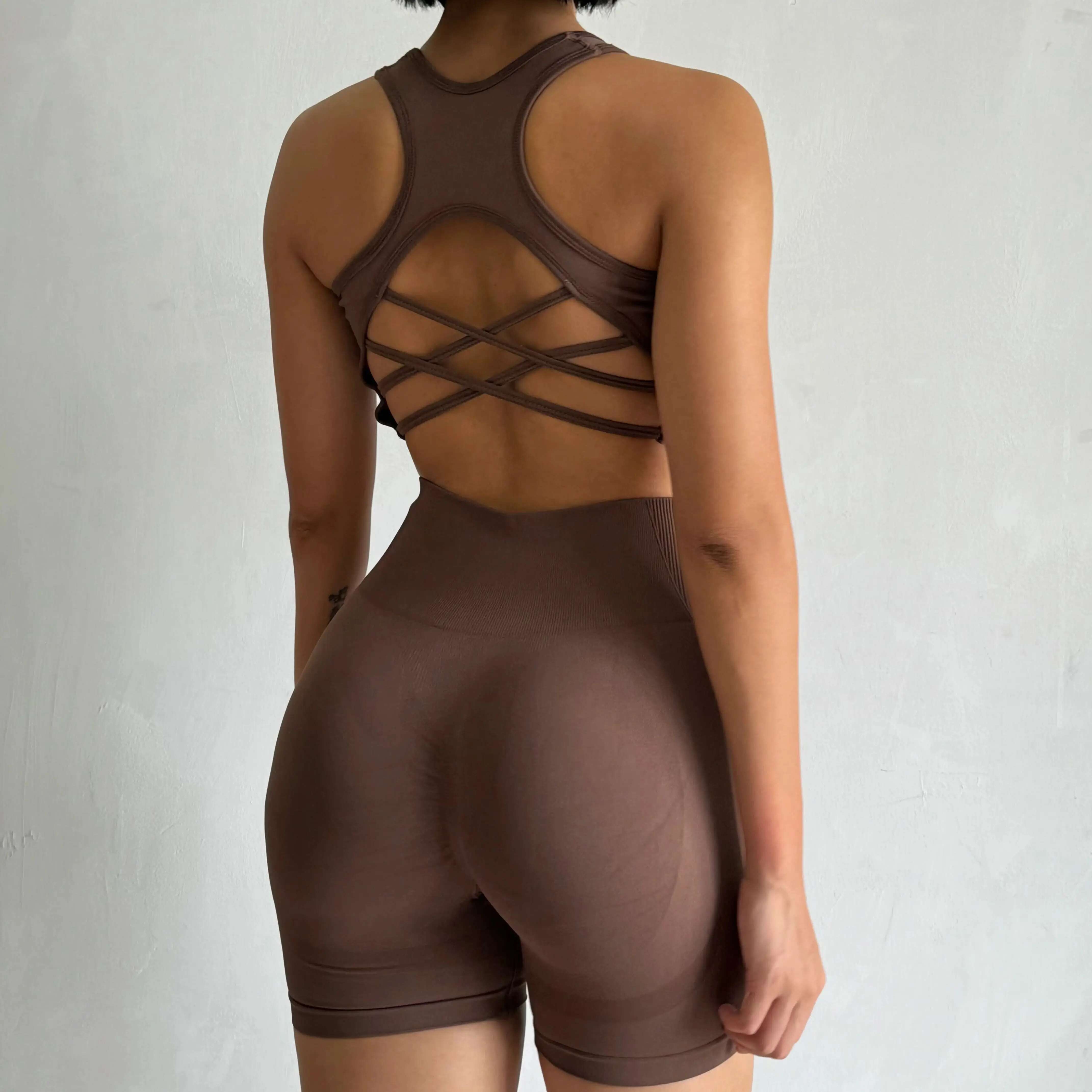 2 PCS Women Seamless Yoga Set Sexy Sport Bra + High Waist Sports Gym Clothing Fiess Sleeveless Shorts Suit Sporstwear