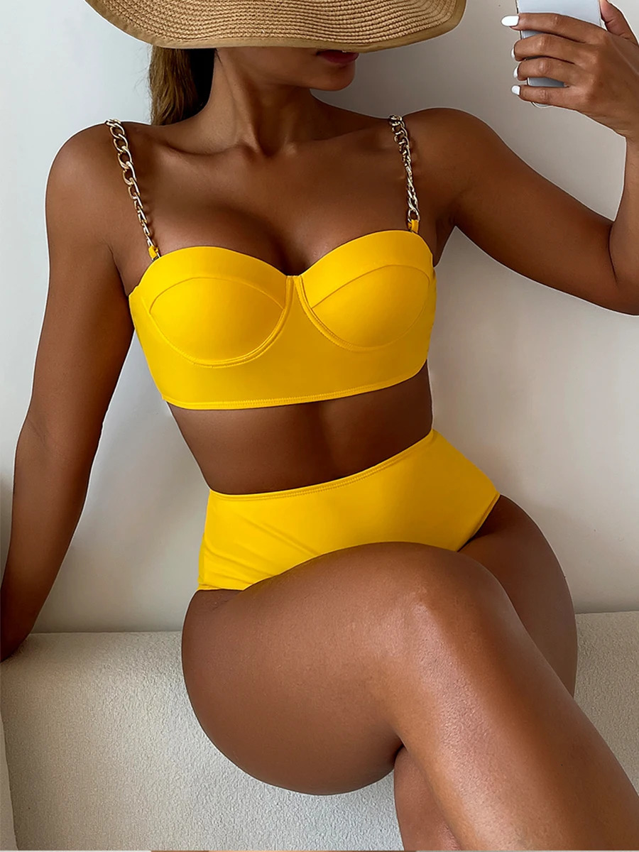 Chain Strap Bikini womens solid push up swimsuit high waist sexy summer 250409