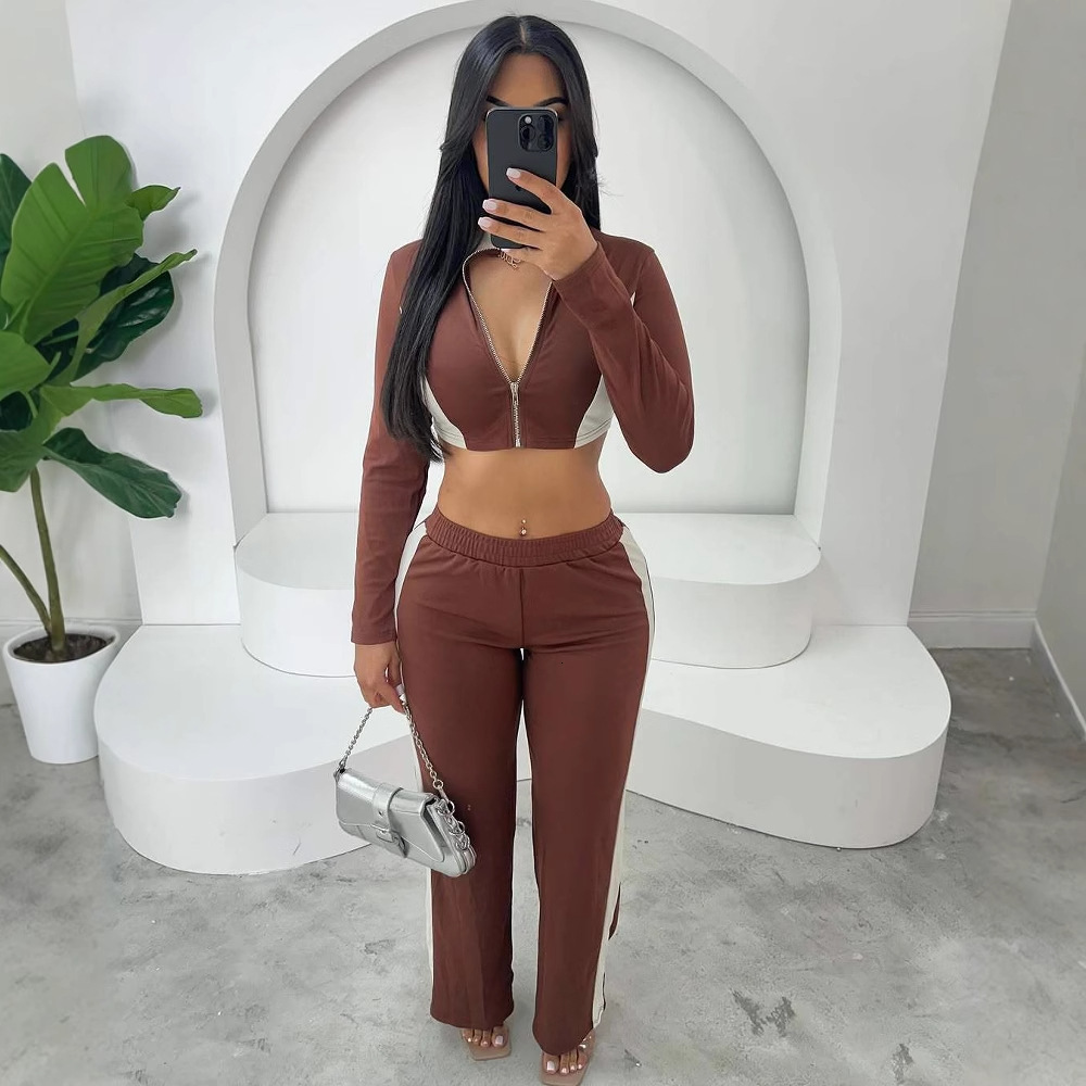 2025S Designer Women S Set New Color Blocking Slim Fit Casual Sports Stand Up Collar Zipper Short Style Crop Top Jacket Long Pants Set