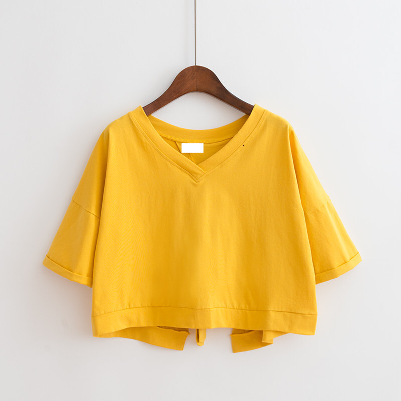 2025S Designer Women S T Shirt Summer Solid Color Backless Splitting Split V Neck Loose Top Female Student Lacing Short Sleeve T Shirt Women S Wear