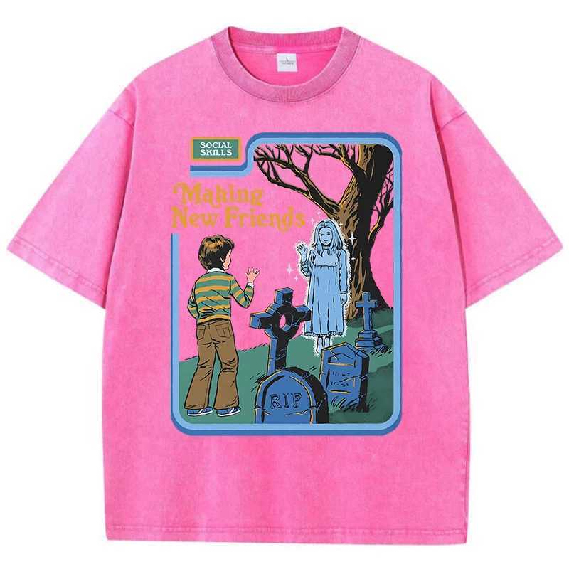 Social skills making new friends washing vintage mens T-shirts hip-hop breathable tops casual T-shirts oversized cotton T-shirtsXJ250409
