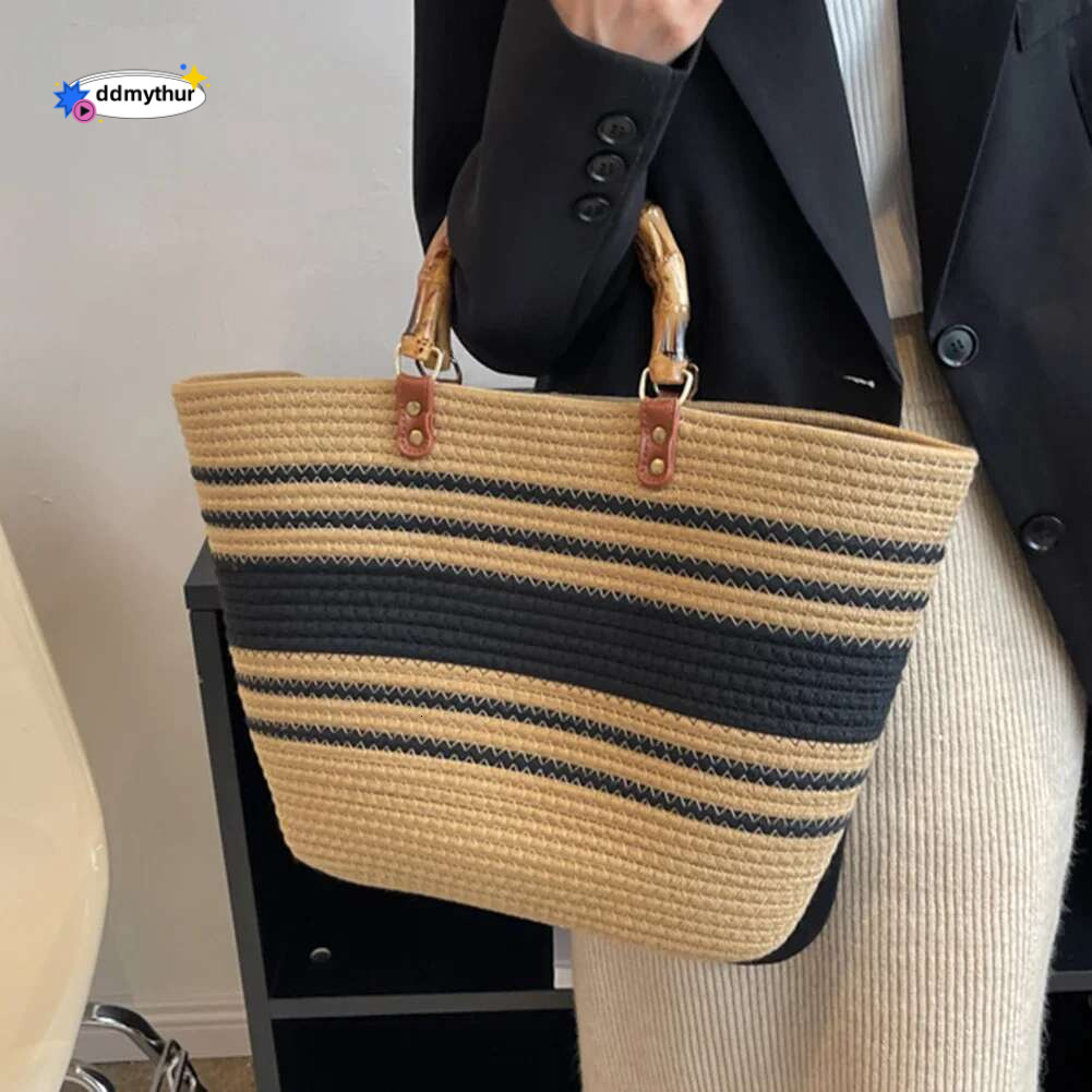 Beach Vacation Bags Bamboo Handle Top-handle Bag Large Capacity Striped Portable Casual Fashion Exquisite for Seaside Party ddmythur