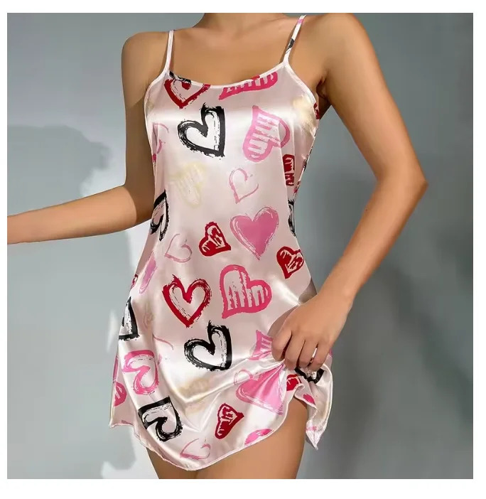 Womens sexy suspender night dress womens lingerie silk satin pajamas floral flat mini 250409