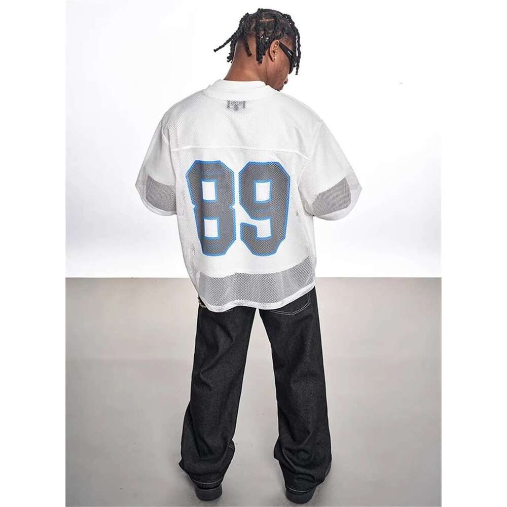 Double-Sided Printed Mesh Short Sleeve T-Shirt Mens Summer High Street Breathable Loose Crew Neck Half-Sleeve Jersey Men Tops