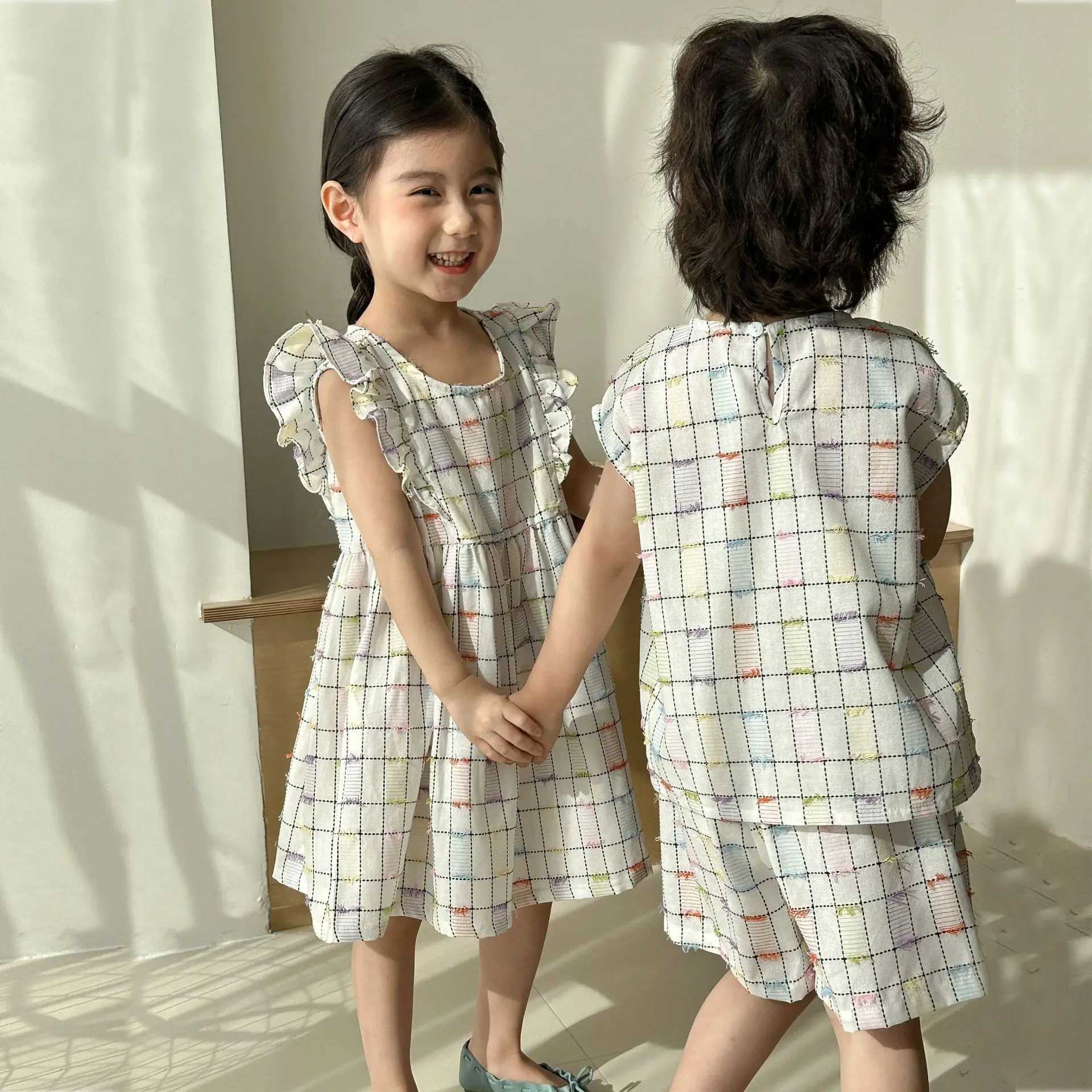 5588 Brothers and sisters Clothing 2025 Summer New Boys Two Piece Set Vest+Short or Cotton Rainbow Solid Baby Girls Dress S2548