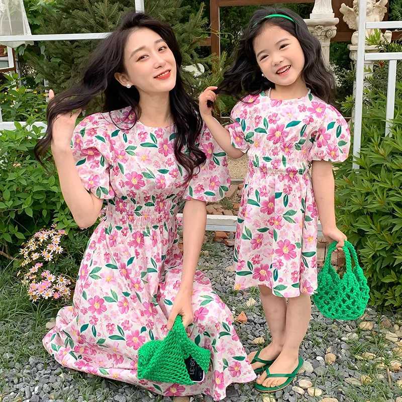 New summer family matching set Korean pink purple printed princess dress suitable for mother and daughter clothing H2315 S2548