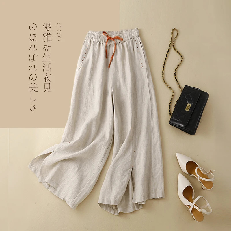 Beige Cotton Linen Casual Elastic High Waist Loose Wide Leg Womens Pants Ankle-Length Pants For Women Clothing Fashion 250408