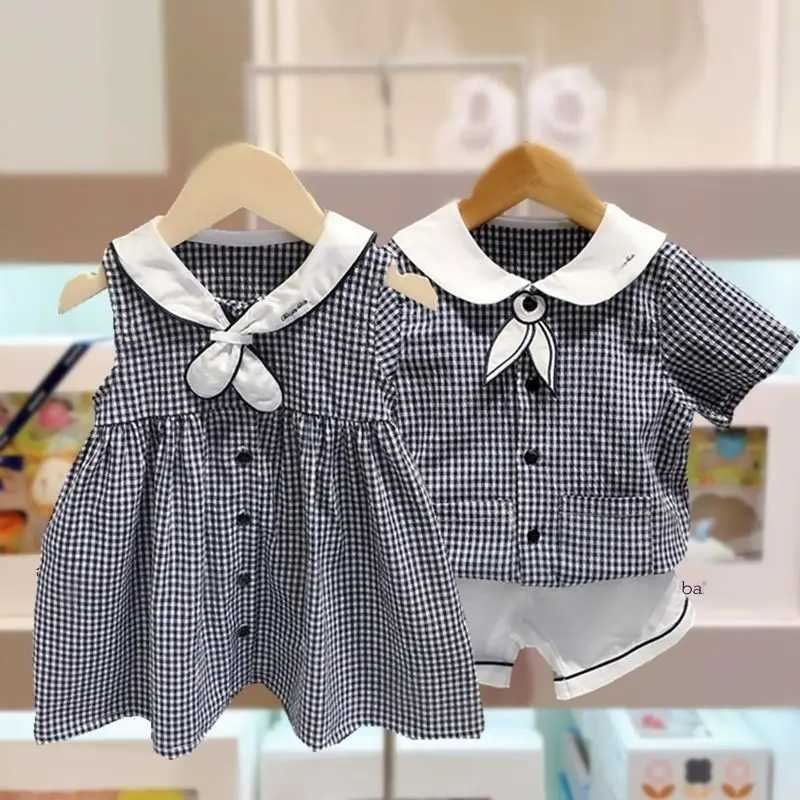 2023 New Summer Childrens Clothing Set Fashion Brother sisters Set Plaid Boys Shirt Two Piece Girls Baby Stripe Dress S2548
