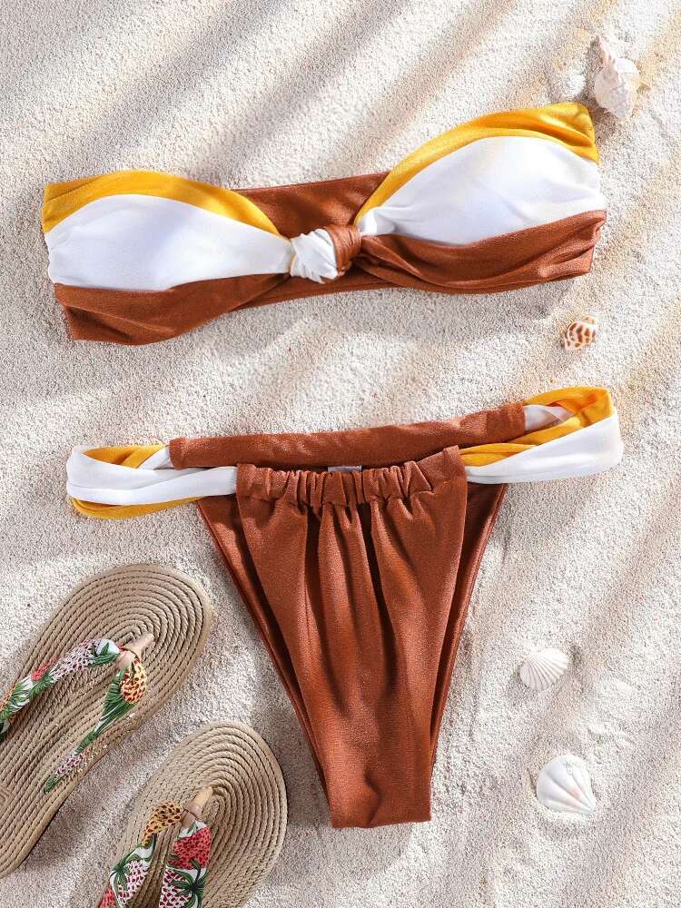 ZRTAK Beige Off Shoulder Solid Swimsuit Push Up Bikinis 2025 Bathing Suit Sexy Bikini Sets Swimwear Mujer Beachwear Biquinis