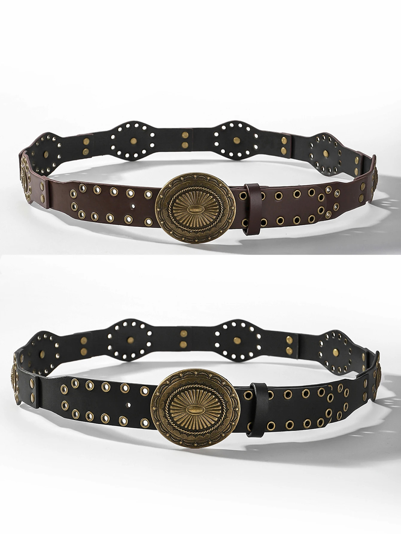 European and American retro buckle fashionable eyelet PU splicing characteristic waist belt 250409
