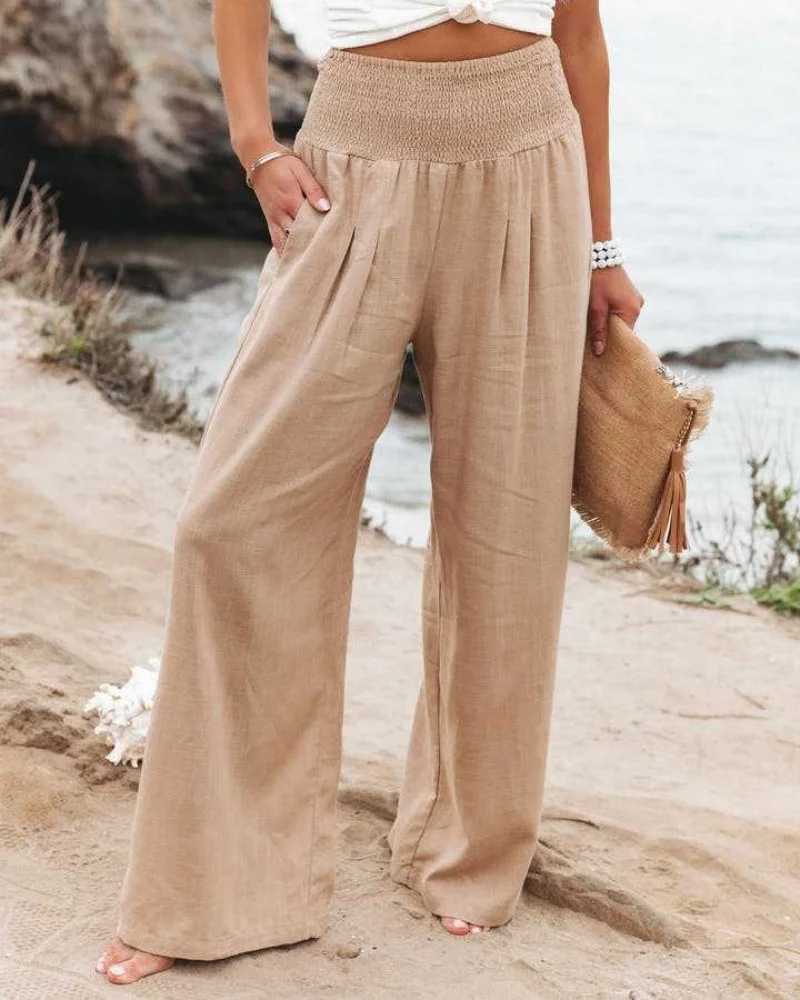 Ele Retro Solid Luggage Pants Womens Loose Elastic High Waist Pocket Retro Linen Wide Leg Pants Street Clothing Office PantsXJ250403