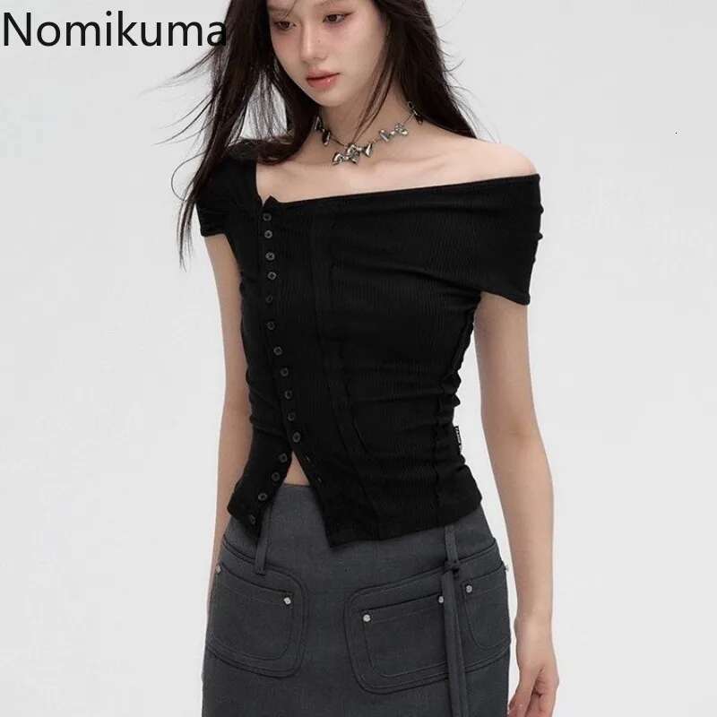 2025 Ropa Mujer Tshirts Women Slash Neck Short Sleeve Tees Crop Tops Fashion Summer T Shirts Single Breasted Black Y2k T-shirt
