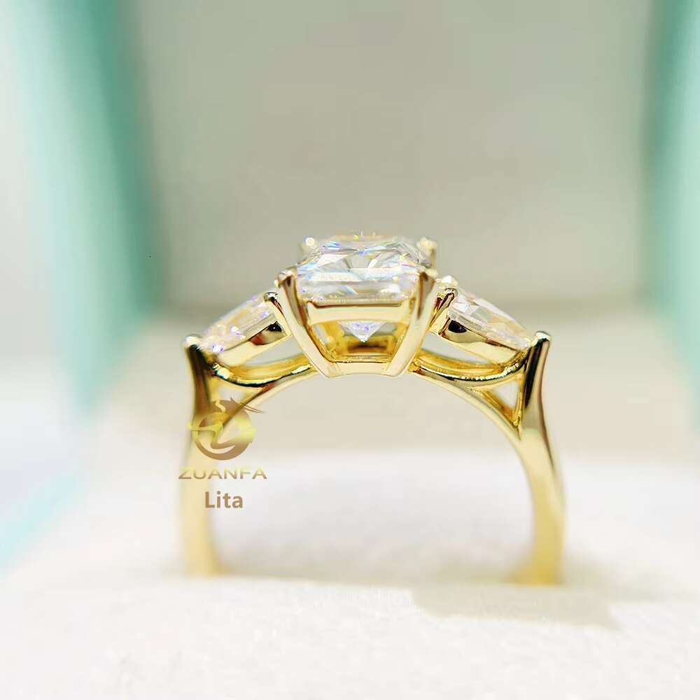 High-end 925 Sterling Silver Three Stone Vvs Radiant Cut Per Cut Diamond 14k Gold Moissanite Engagement Ring