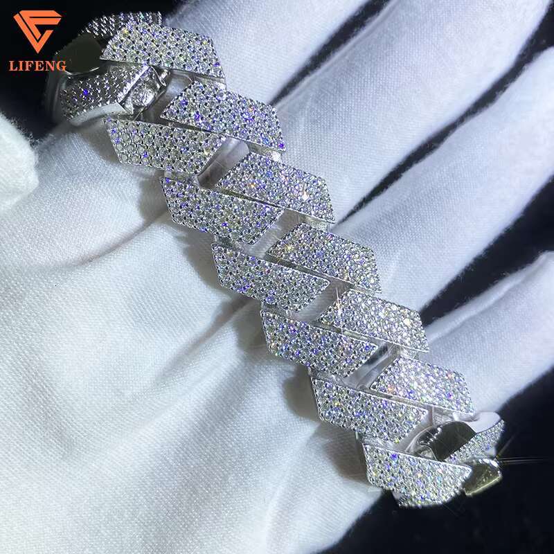 Lifeng Jewelry 20mm 4rows VVS Moissanite Cuban Link Chain Bracelet Sterling SIlver Diamond Hiphop Moissanite Cuban Chain for Men